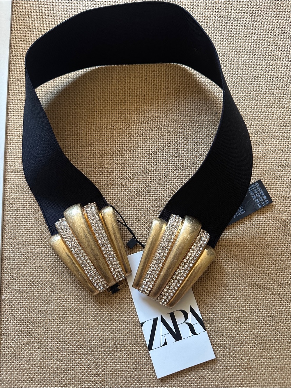 Zara Black Elastic Waist Belt with Gold Crystal-Embellished Ends